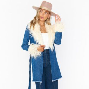 Show Me Your MuMu Blue Denim Coat with Cream Faux Fur Trim